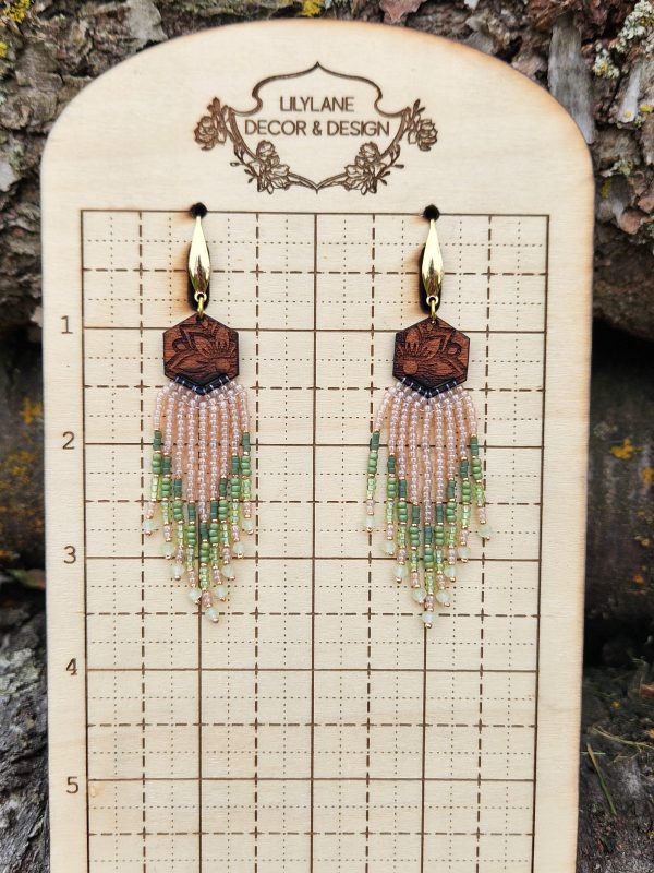 Sage and Sand Boho Fringe Earrings with Floral Engraved Hexagon Wood