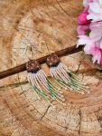 Sage and Sand Boho Fringe Earrings with Floral Engraved Hexagon Wood