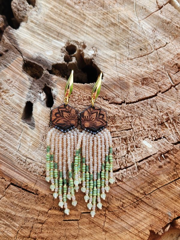 Sage and Sand Boho Fringe Earrings with Floral Engraved Hexagon Wood
