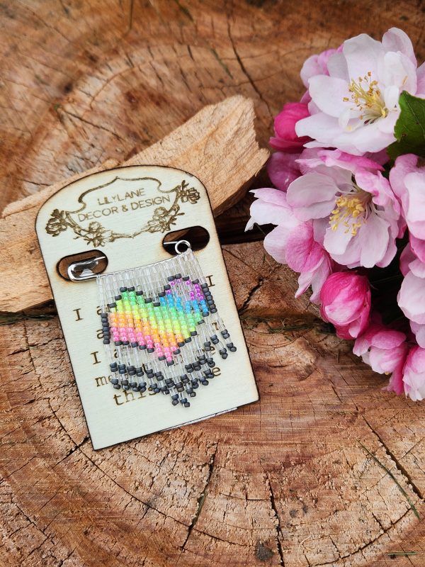 Hand-Beaded Neon Rainbow Heart Fringe Brooch Pin