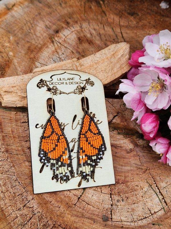 Handcrafted Monarch Butterfly Wing Beaded Fringe Earrings