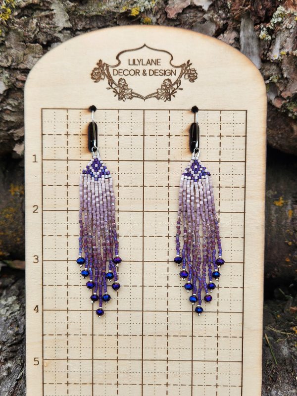 Elegant Lavender and Plum Ombre Beaded Fringe Earrings with Crystal Drops