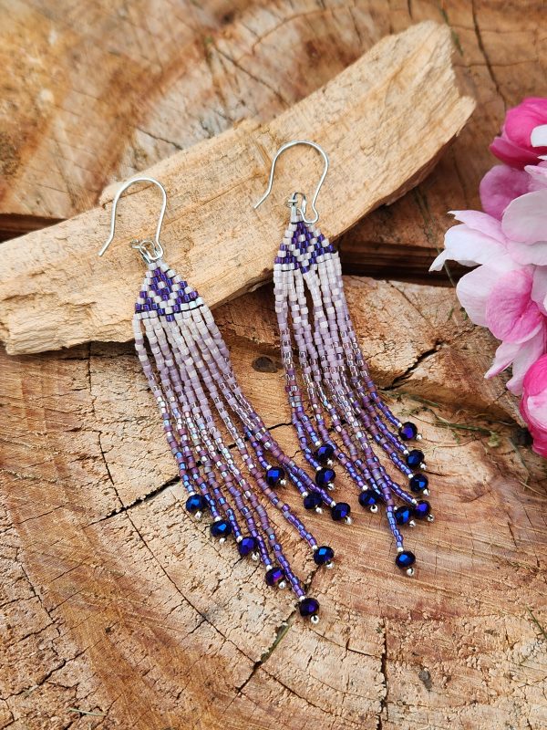 Elegant Lavender and Plum Ombre Beaded Fringe Earrings with Crystal Drops