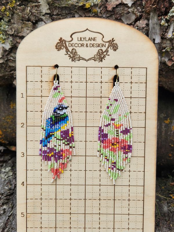 Bluebird in a Spring Garden Hand-Beaded Fringe Earrings