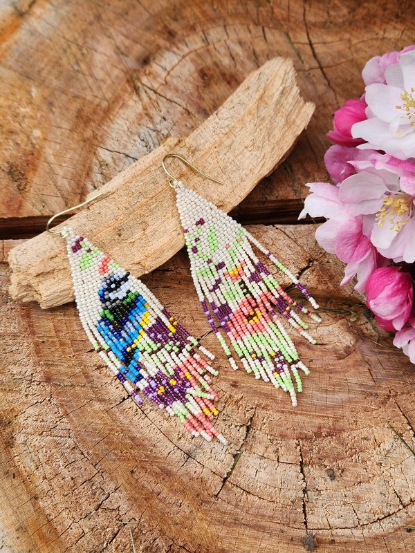 Bluebird in a Spring Garden Hand-Beaded Fringe Earrings