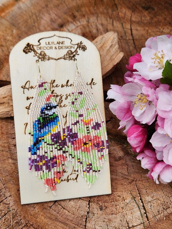 Bluebird in a Spring Garden Hand-Beaded Fringe Earrings