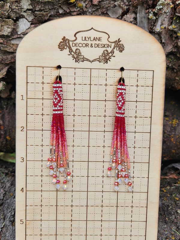 Sparkling Red and Pink Ombre Beaded Fringe Earrings with Crystal Accents