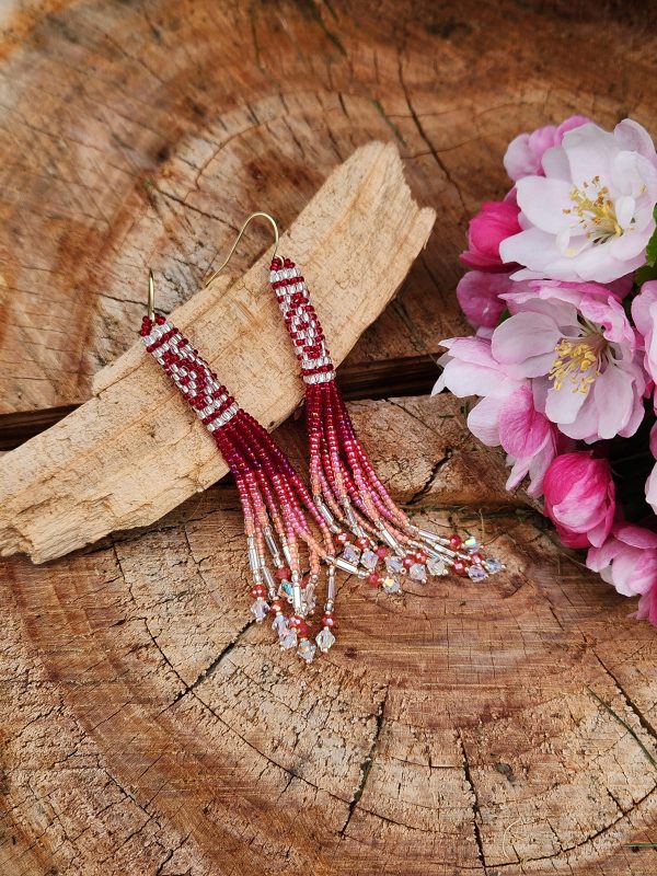 Sparkling Red and Pink Ombre Beaded Fringe Earrings with Crystal Accents