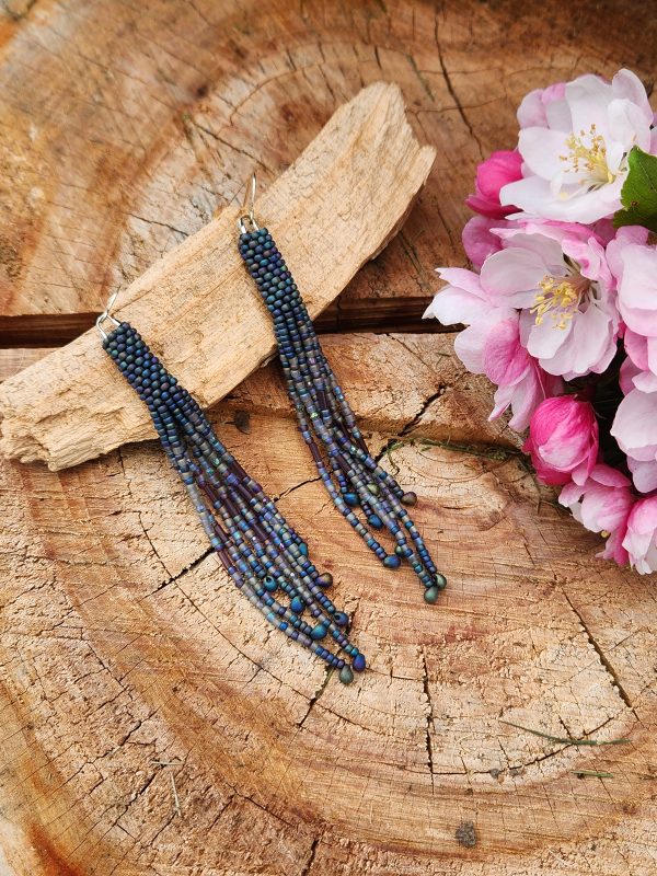 Iridescent Blue Seed Bead Fringe Earrings
