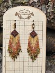 ​Handcrafted Boho Beaded Fringe Earrings with Laser-Engraved Wood Diamond Accents