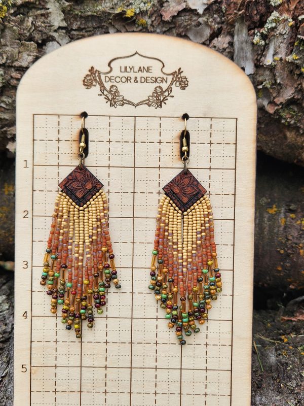 ​Handcrafted Boho Beaded Fringe Earrings with Laser-Engraved Wood Diamond Accents