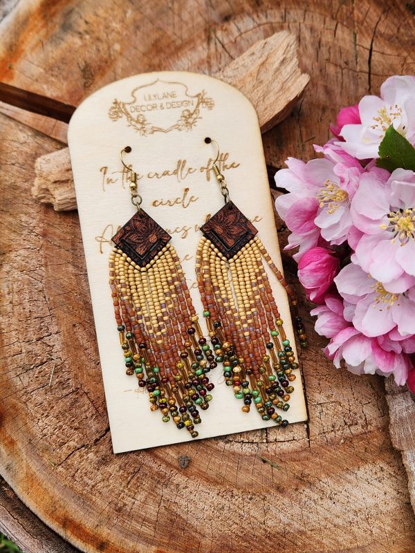 ​Handcrafted Boho Beaded Fringe Earrings with Laser-Engraved Wood Diamond Accents