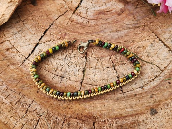 Earthy Forest Tones Beaded Bracelet – Handcrafted Picasso Seed Bead Band with Antique Brass Hardware