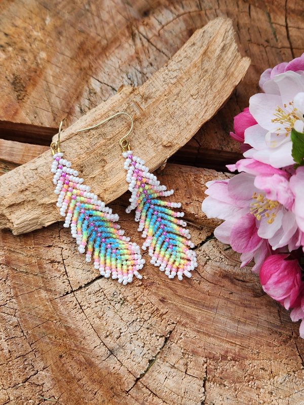 Pastel Rainbow Beaded Feather Earrings with Crisp White Accents