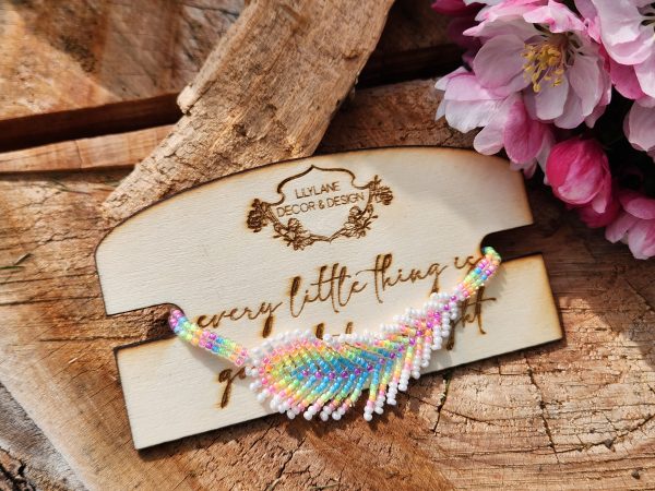 Handwoven Rainbow Feather Beaded Bracelet – Vibrant Pastel Seed Bead Charm with Silver Extender