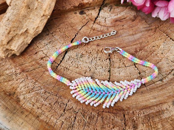 Handwoven Rainbow Feather Beaded Bracelet – Vibrant Pastel Seed Bead Charm with Silver Extender