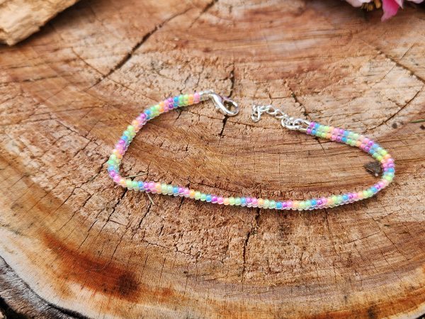 ​Pastel Rainbow Seed Bead Bracelet – Dainty Hand-Strung Summer Jewelry with Adjustable Silver Chain