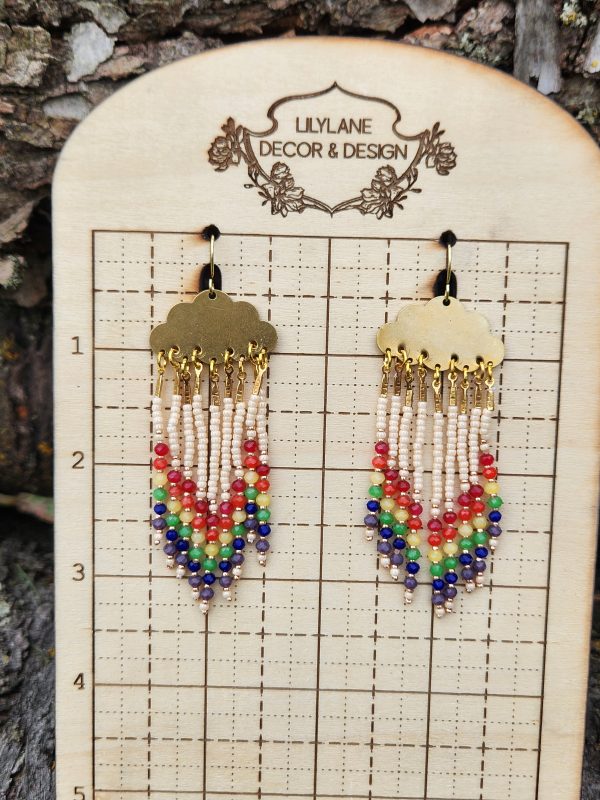 Golden Cloud Rainbow Fringe Earrings – Colorful Beaded Raindrop Dangles for Pride & Joy