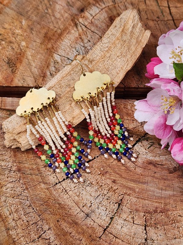 Golden Cloud Rainbow Fringe Earrings – Colorful Beaded Raindrop Dangles for Pride & Joy