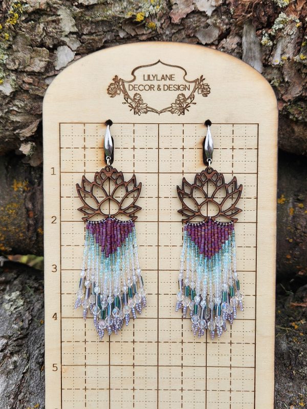 ​Lotus Bloom Wood & Beaded Fringe Earrings – Iridescent Purple & Aqua Zen Dangles