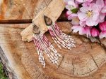 ​Handcrafted Mauve & Rose Seed Bead Fringe Earrings – Wood Teardrop Accents with Crystal Drops