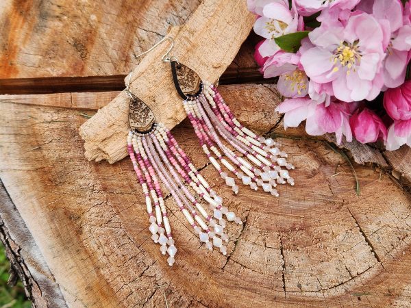 ​Handcrafted Mauve & Rose Seed Bead Fringe Earrings – Wood Teardrop Accents with Crystal Drops