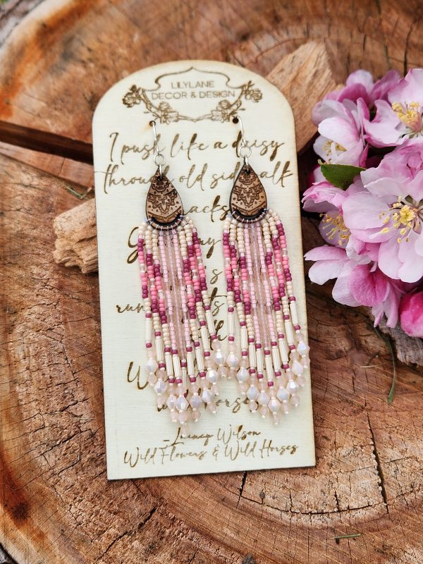 ​Handcrafted Mauve & Rose Seed Bead Fringe Earrings – Wood Teardrop Accents with Crystal Drops