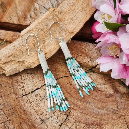 ​Boho Sage & Turquoise Seed Bead Fringe Earrings – Minimalist Handwoven Tassel Dangles