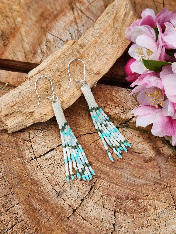 ​Boho Sage & Turquoise Seed Bead Fringe Earrings – Minimalist Handwoven Tassel Dangles