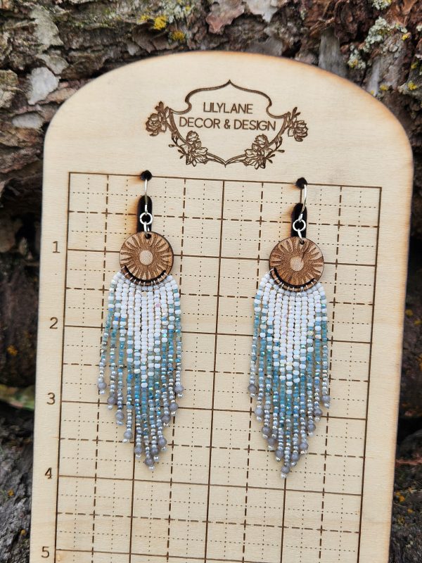 ​Sunburst Horizon Beaded Fringe Earrings – Hand-Engraved Wood and Iridescent Blue Ombre Tassel Earrings – Celestial Boho Jewelry