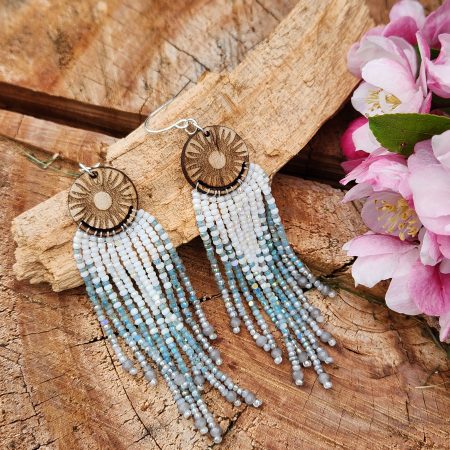 ​Sunburst Horizon Beaded Fringe Earrings – Hand-Engraved Wood and Iridescent Blue Ombre Tassel Earrings – Celestial Boho Jewelry