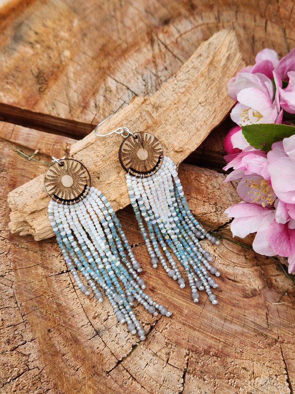 ​Sunburst Horizon Beaded Fringe Earrings – Hand-Engraved Wood and Iridescent Blue Ombre Tassel Earrings – Celestial Boho Jewelry