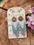 ​Sunburst Horizon Beaded Fringe Earrings – Hand-Engraved Wood and Iridescent Blue Ombre Tassel Earrings – Celestial Boho Jewelry