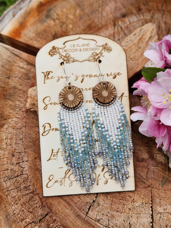 ​Sunburst Horizon Beaded Fringe Earrings – Hand-Engraved Wood and Iridescent Blue Ombre Tassel Earrings – Celestial Boho Jewelry