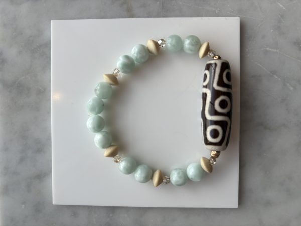 Green Angelite & Tibetan Agate Natural Wood Bead Bracelet
