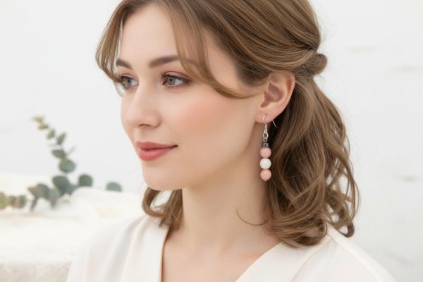 Rhodochrosite & Freshwater Pearl Dangle Earrings — Hematite Rondelles & Sterling Silver Hooks