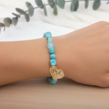 Arizona Turquoise, Amazonite & Jade Stretch Bracelet — Hammered Gold Heart