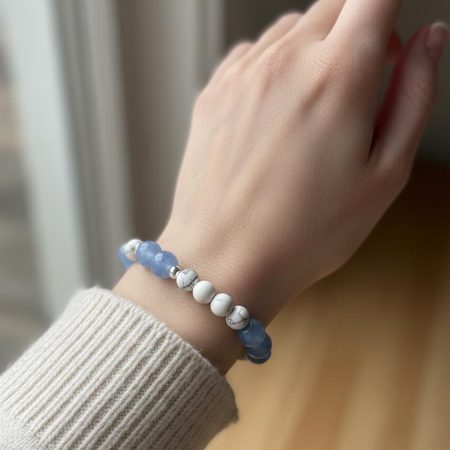 Aquamarine & Howlite Bracelet — Sterling Silver Beads with Matte Silver Disc