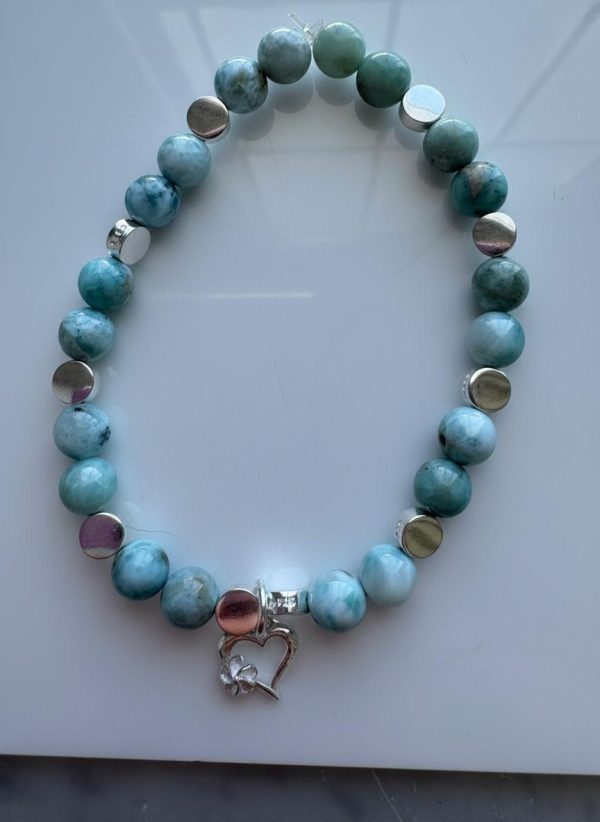 Larimar Round Bead Stretch Bracelet — Sterling Silver Heart & Spacer Beads