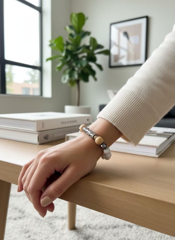 Howlite & Black Swarovski Stretch Bracelet — Rosewood Beads & Tibetan Tube