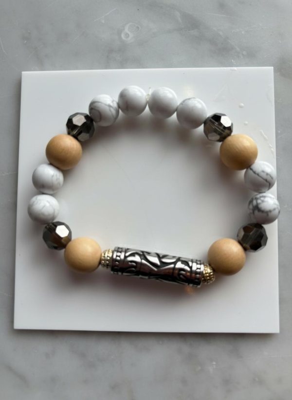 Howlite & Black Swarovski Stretch Bracelet — Rosewood Beads & Tibetan Tube
