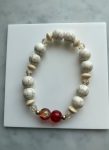 White Turquoise Stretch Bracelet — Golden Swarovski, 14K Gold-Filled Spacers & Red‑Yellow Crackle Center