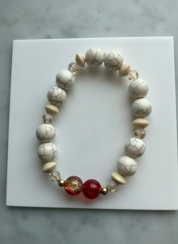 White Turquoise Stretch Bracelet — Golden Swarovski, 14K Gold-Filled Spacers & Red‑Yellow Crackle Center