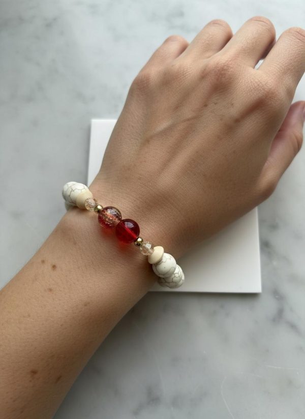 White Turquoise Stretch Bracelet — Golden Swarovski, 14K Gold-Filled Spacers & Red‑Yellow Crackle Center