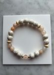 White Turquoise & Peach Quartz Stretch Bracelet — Wood Bicones, Peach Swarovski & 14K Gold-Filled Spacers
