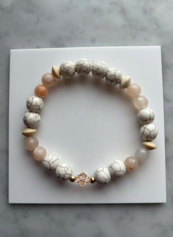 White Turquoise & Peach Quartz Stretch Bracelet — Wood Bicones, Peach Swarovski & 14K Gold-Filled Spacers