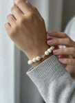 White Turquoise & Peach Quartz Stretch Bracelet — Wood Bicones, Peach Swarovski & 14K Gold-Filled Spacers