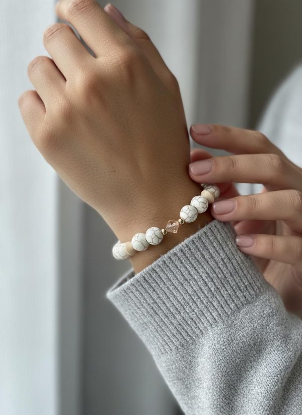 White Turquoise & Peach Quartz Stretch Bracelet — Wood Bicones, Peach Swarovski & 14K Gold-Filled Spacers