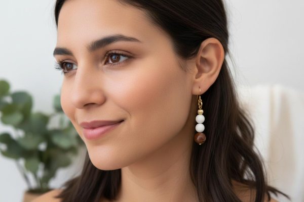 Matte White Magnesite & Australian Jasper Dangle Earrings — Corrugated 14K Gold-Filled Accents