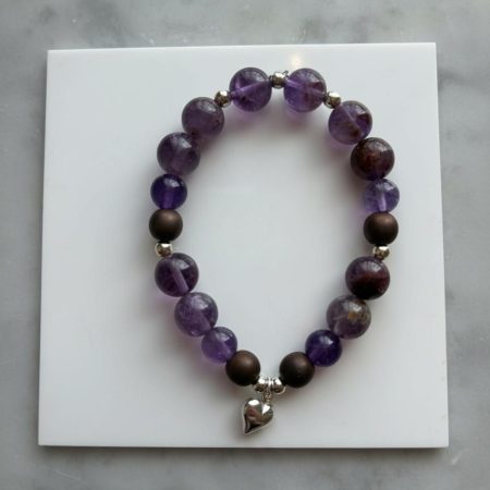 Super 7 & Amethyst Sterling Silver Puffy Heart Bracelet